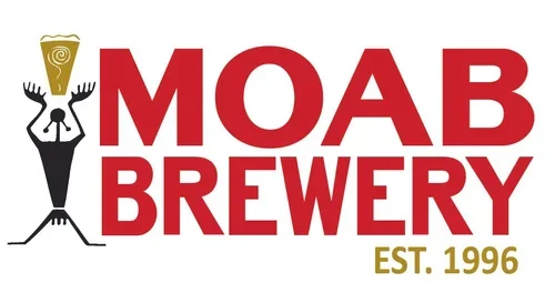 MOAB Brewery logo with a stylized figure holding a beer mug and the text 'MOAB BREWERY EST. 1996' in red and gold.