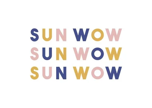 Colorful letter arrangement of the words 'SUN', 'WOW', and 'SUN' on a white background, with the words stacked in three rows.
