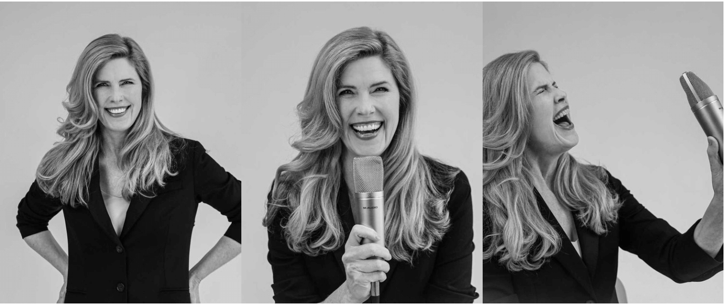 Three black-and-white photos of a woman with long wavy hair, smiling, holding a microphone, and laughing, wearing a black blazer.