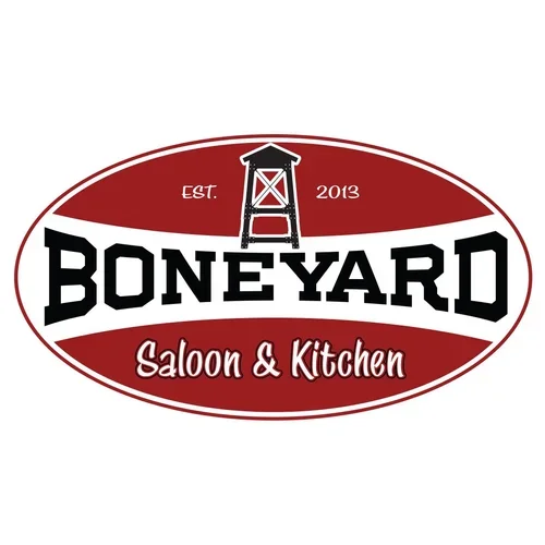 Logo for Boneyard Saloon & Kitchen with a red oval background, a lighthouse in the center, and text "EST. 2013 Boneyard Saloon & Kitchen."