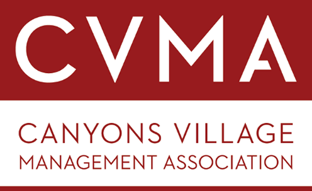 Logo for CVMA Canyons Village Management Association with red background and white text.