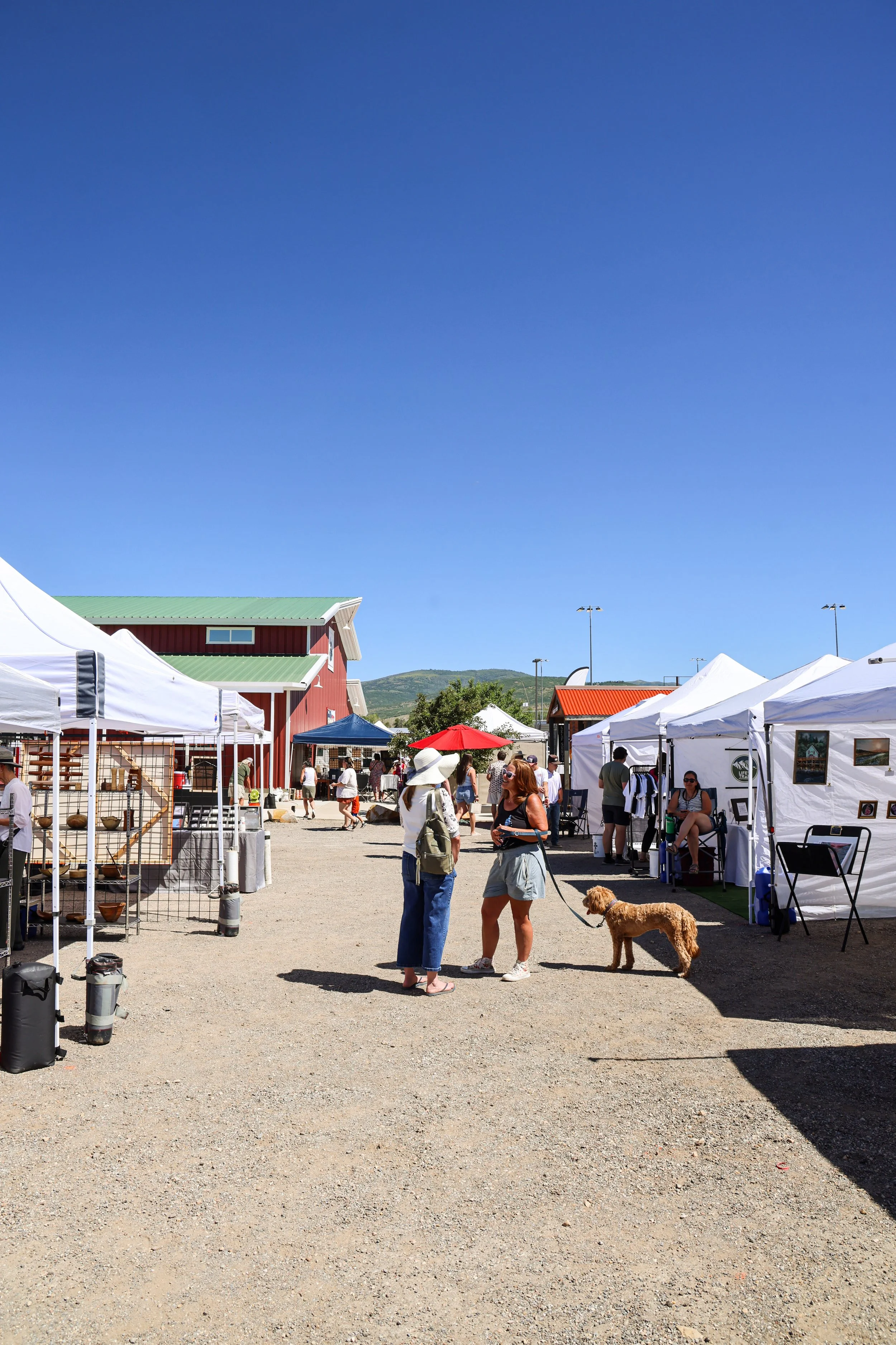 People shopping at an outdoor market with white tents, a red building with a green roof, and a clear blue sky.