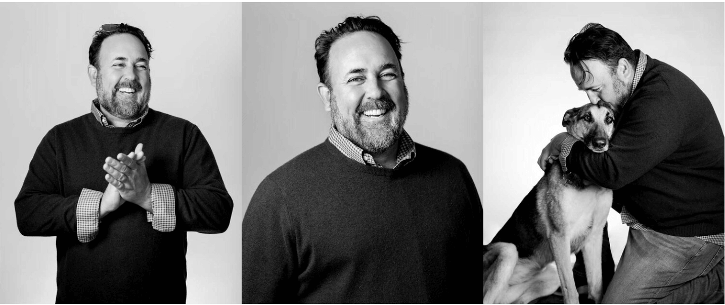 Black and white photos of a man in three different poses: smiling and clapping, smiling with a sweater, and hugging a dog.