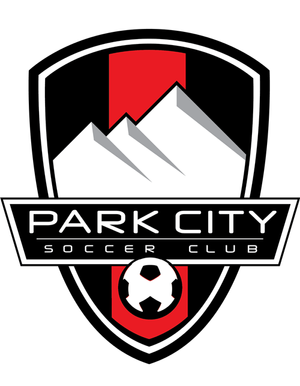 Logo of Park City Soccer Club featuring mountains, a red and black shield, and a soccer ball.