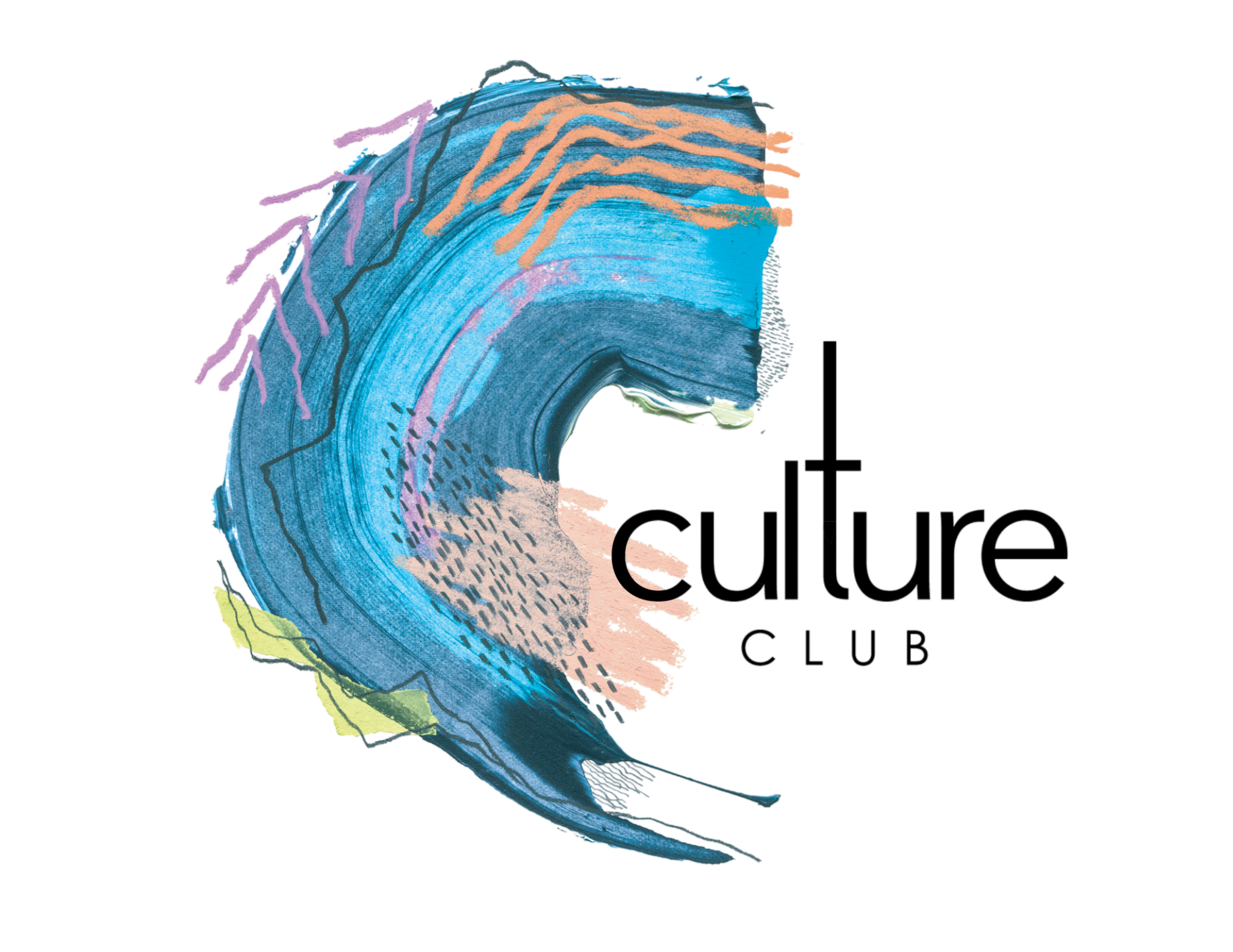 An abstract colorful illustration with a large blue circular shape resembling a wave or a crescent, intricate patterns, and text that reads 'culture' in lowercase.