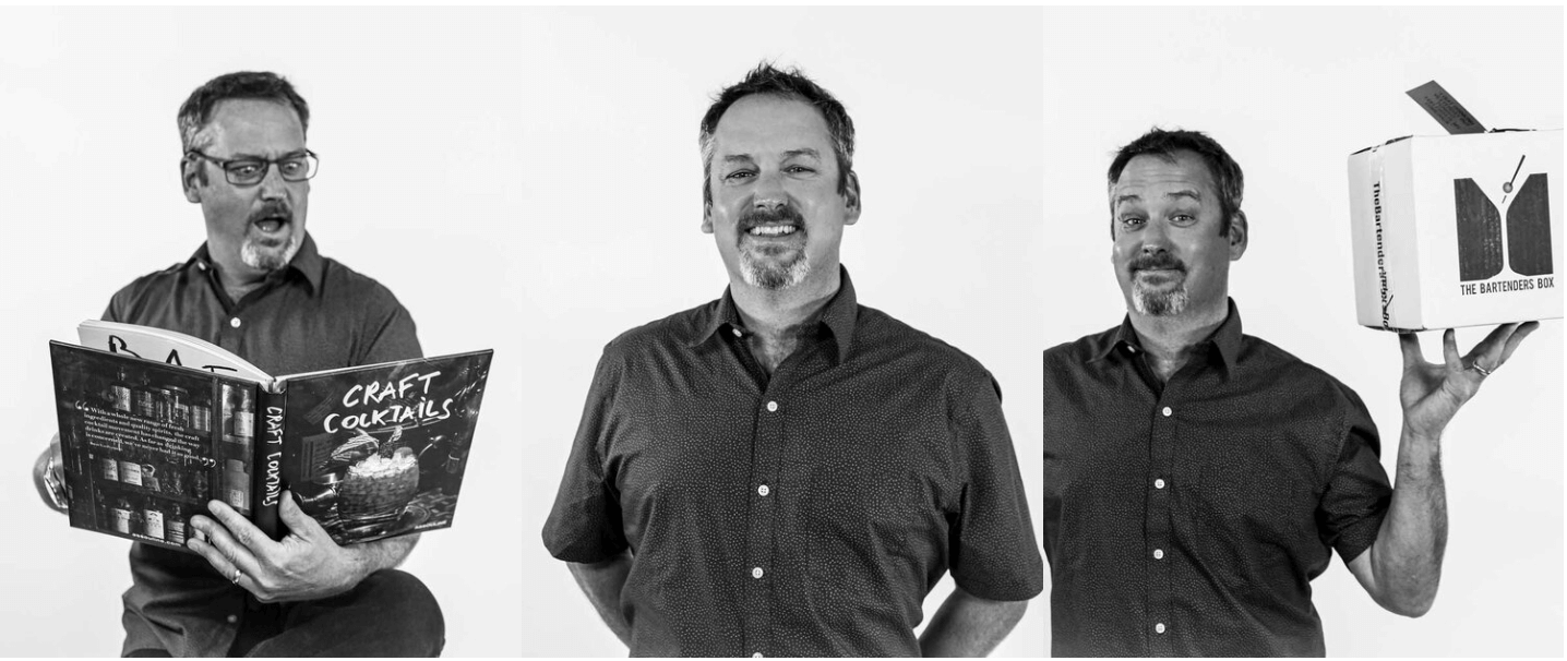 Three men in dark shirts standing against a plain background. The man on the left, with glasses and a beard, is reading a menu titled "Craft Cocktails." The man in the middle, with short hair and a goatee, is smiling at the camera. The man on the right, with a mustache and short hair, is holding a box labeled "The Bartenders Box" with a logo of a martini glass, a straw, and a small dotted line.