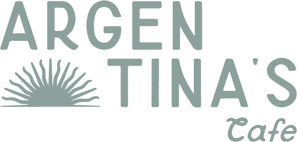 Logo for Argen Tina's Cafe with stylized sun rising behind the name.