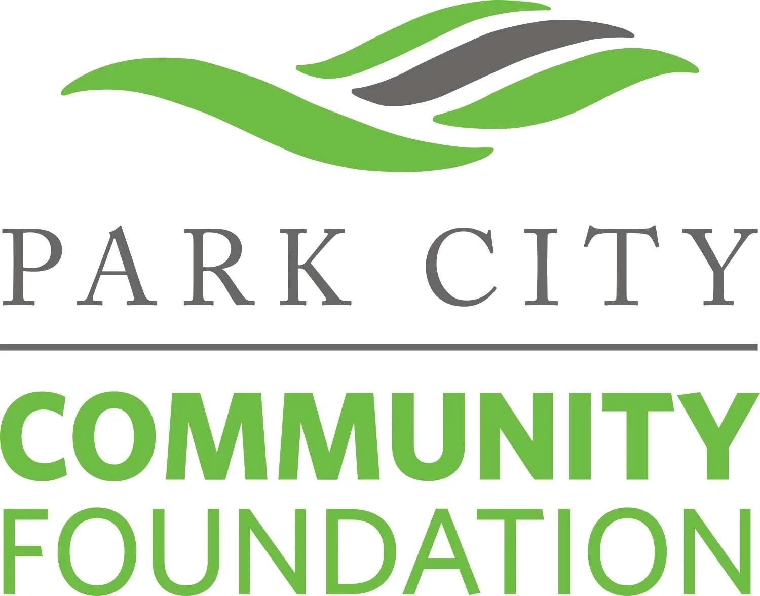Logo for the Park City Community Foundation, featuring green and gray abstract leaves or waves and the organization name with 'Community Foundation' in bold green letters.