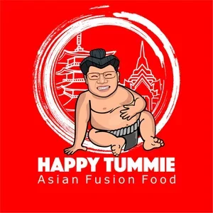 Cartoon illustration of a Sumo wrestler, sitting on the floor, with a red background and white circular design. Text reads 'HAPPY TUMMIE Asian Fusion Food'.