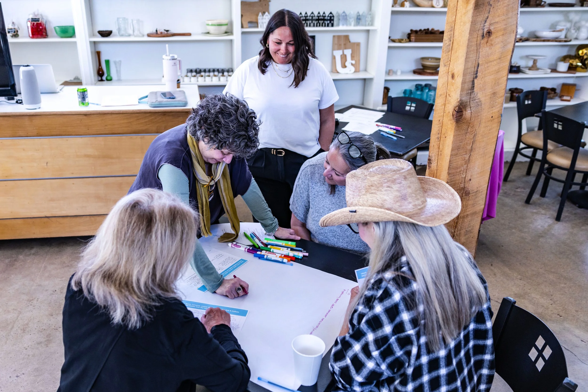 Group of women gathered around a table in a cozy, well-lit room, engaged in planning or discussion with various colorful markers and papers on the table.
