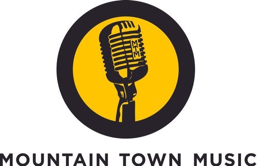 Logo of Mountain Town Music featuring a vintage microphone in a yellow circle with black border and text below.