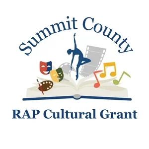 Logo for Summit County RAP Cultural Grant featuring an open book, a person climbing a ladder, theater masks, a paint palette, a musical note, and a film strip.
