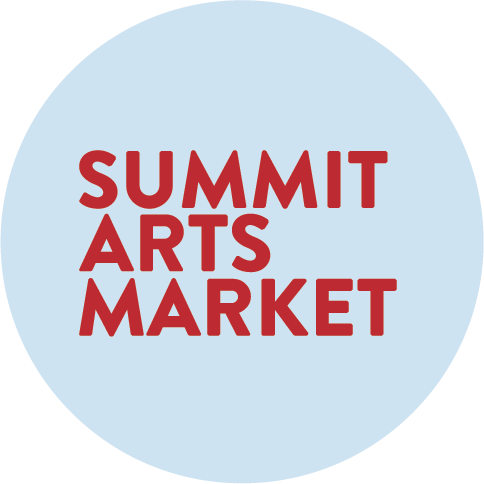 Logo for Summit Arts Market with red text on a light blue circular background.