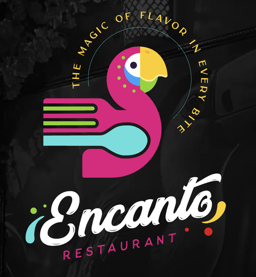 Logo for Encanto Restaurant featuring a colorful flamingo with a fork and spoon, and the slogan 'The Magic of Flavor in Every Bite'.