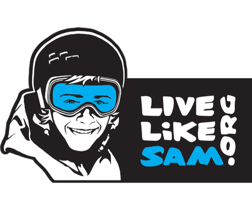 Illustration of a smiling woman in a helmet and goggles, with the text 'Live Like Sam' in white and blue letters.