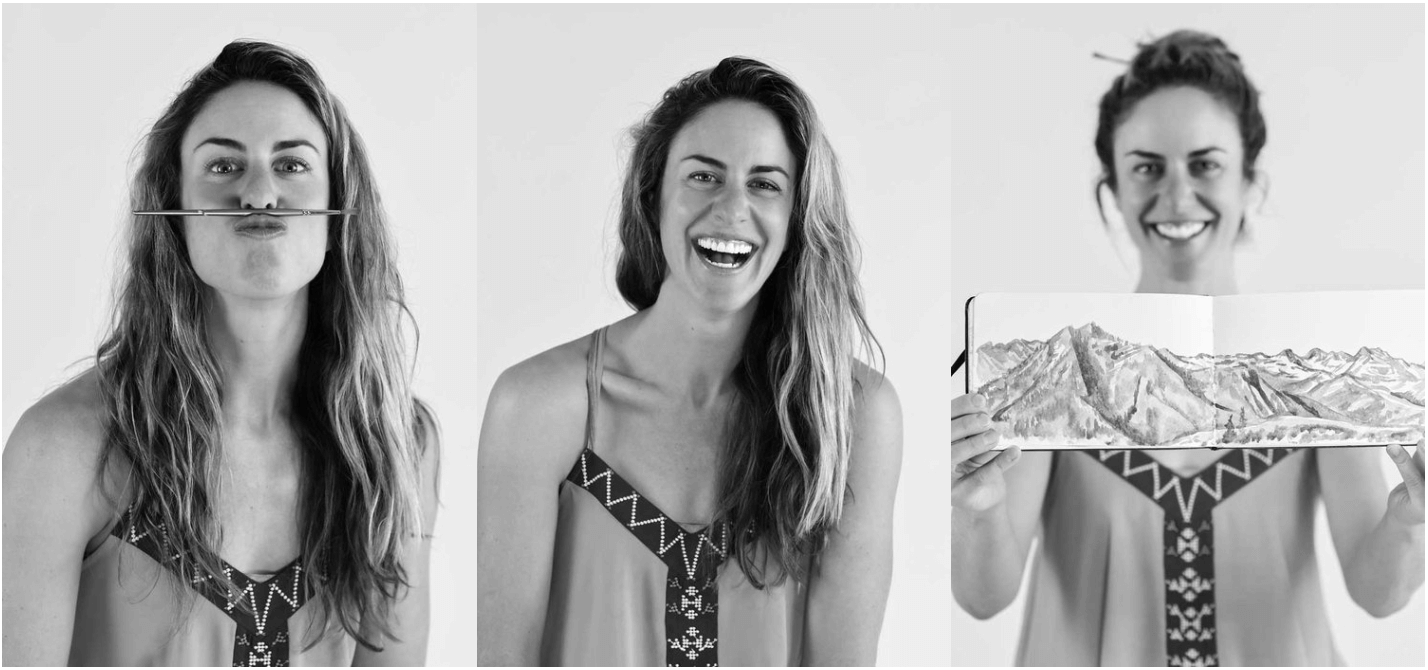 Three women in black-and-white photos, making different expressions and holding a sketch of mountain landscape.