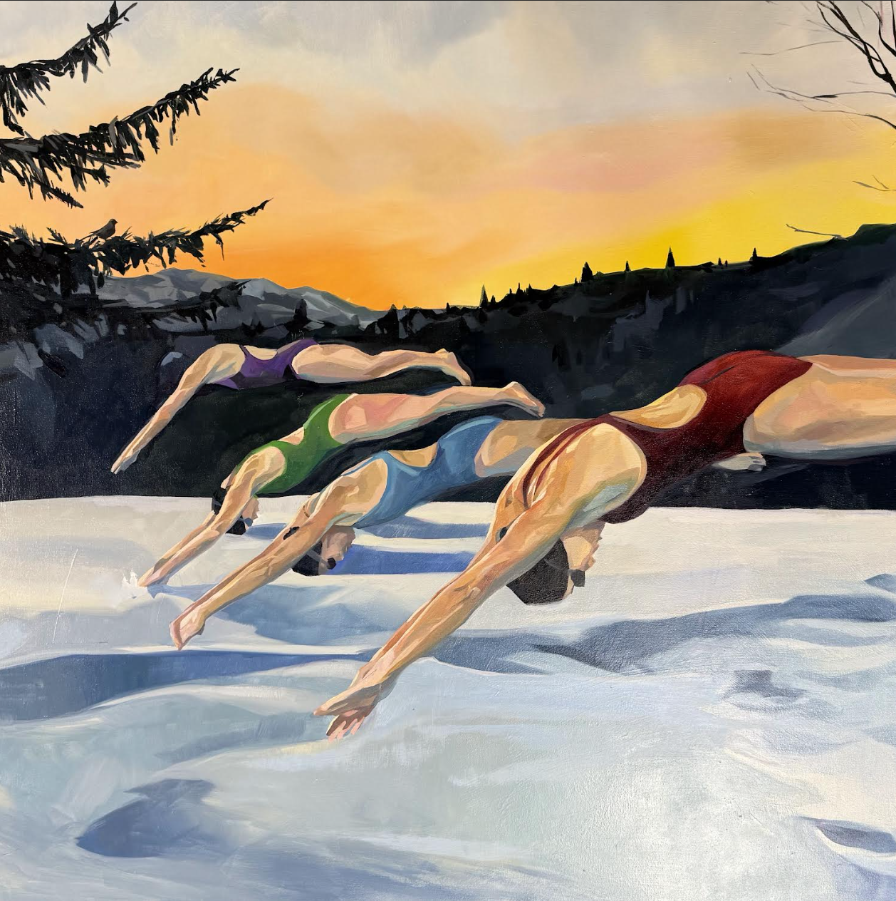 A painting of swimmers diving into snow