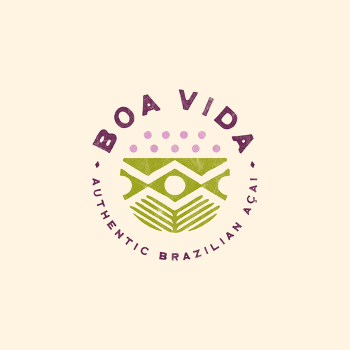 Logo with abstract green figure, purple text, and pink dots, reading 'BoA Vida' and 'Authentic Brazilian Açaí'.