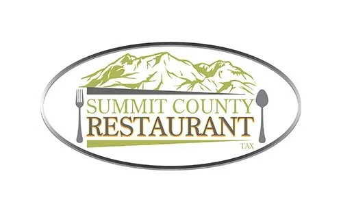 Logo for Summit County Restaurant featuring mountain range, fork, and spoon.