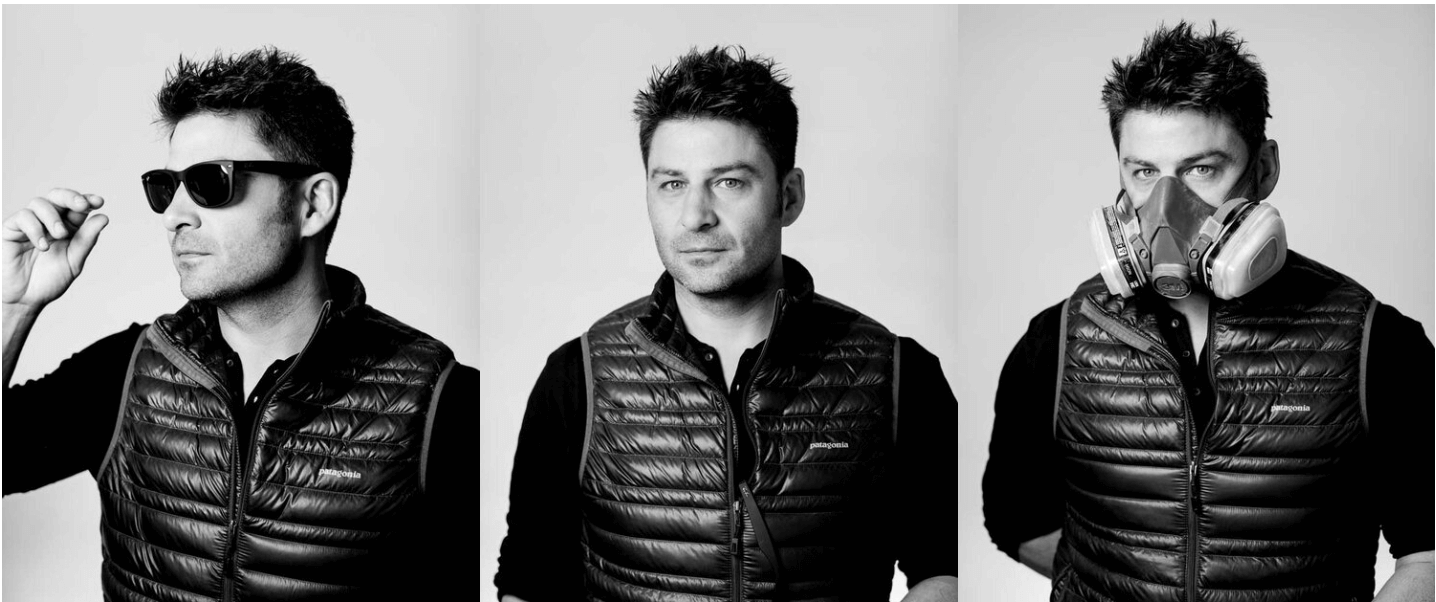 Three black-and-white photos of a man wearing a black quilted Patagonia vest, with different accessories in each photo. In the first, he wears sunglasses; in the second, he has no accessories; in the third, he wears a respirator mask.