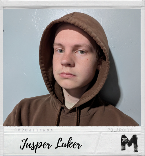 A young man with fair skin and light hair wearing a brown hoodie with the hood up, looking directly at the camera in front of a light blue wall.