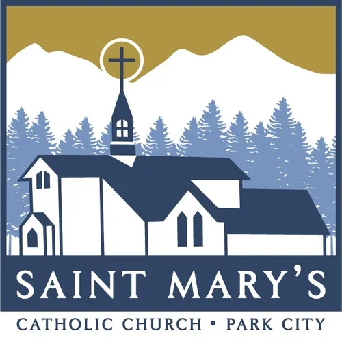 Illustration of Saint Mary's Catholic Church in Park City with mountains and pine trees in the background.