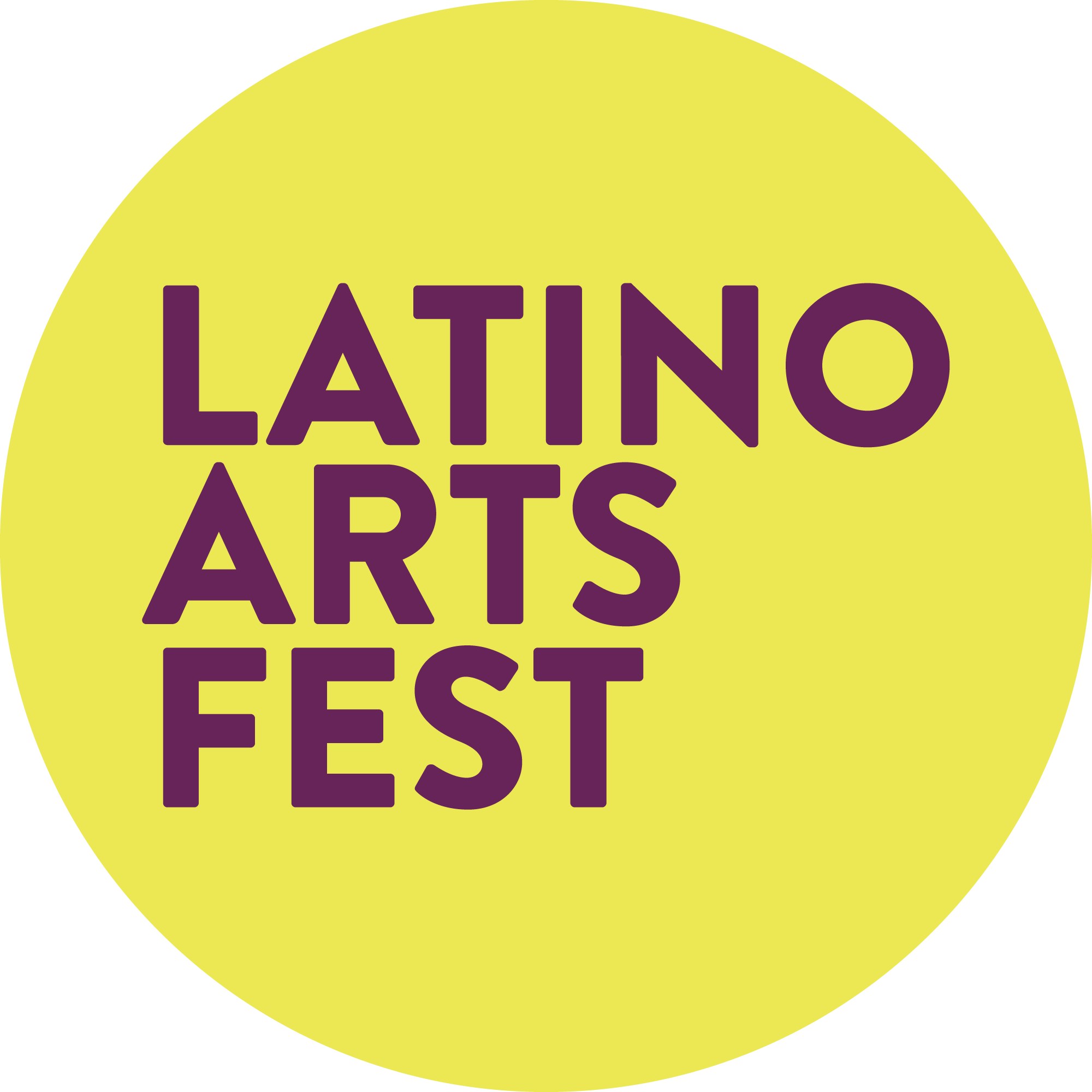 Logo for Latino Arts Fest with yellow circular background and purple text.