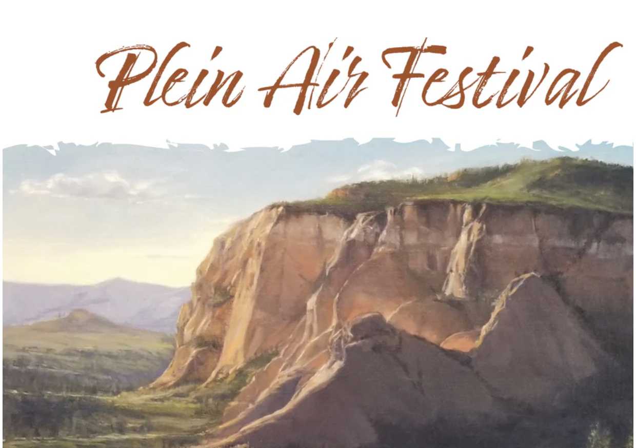 Painting of a large mountain with a green summit, rocky cliffs, and a valley below, with text 'Plein Air Festival' in cursive at the top.