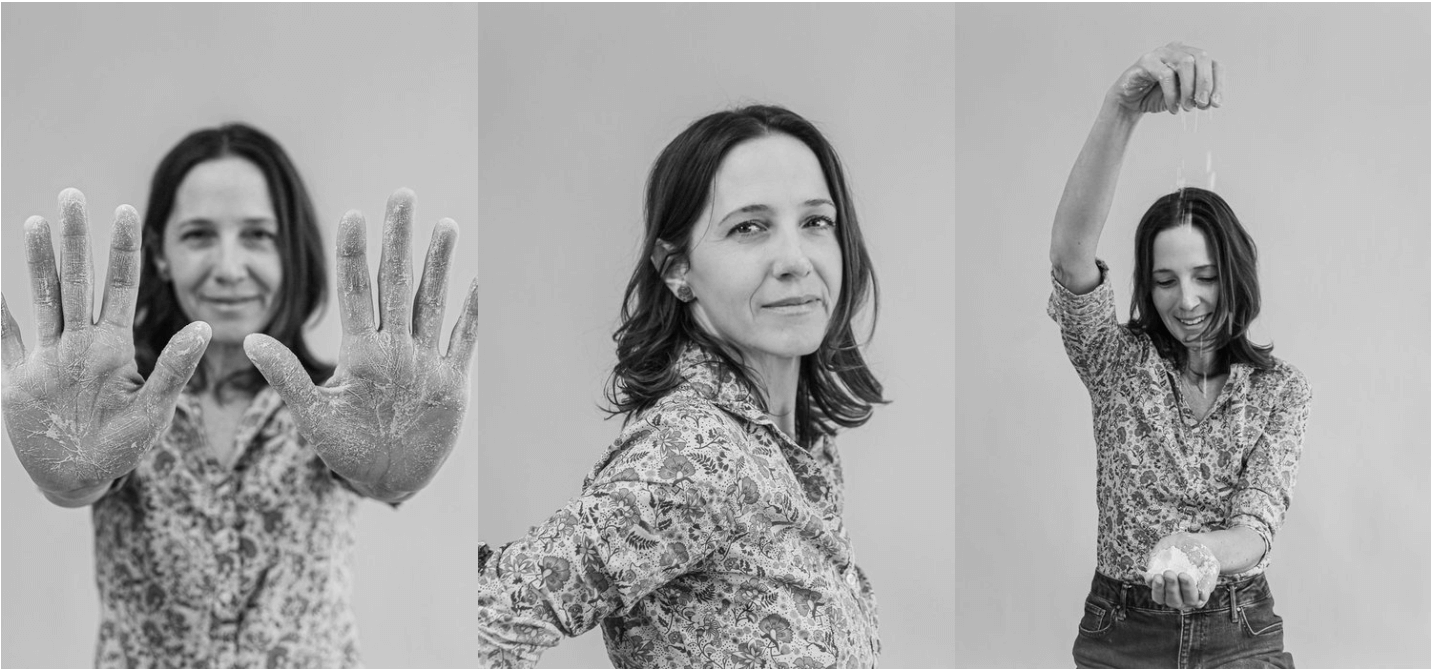 A woman with shoulder-length hair in a floral shirt interacts with powder and water, showing playful expressions.