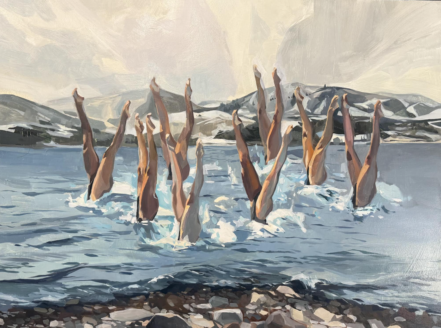 A painting depicting synchronized swimmers in a lake