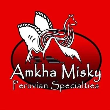 Logo for Amkha Misky, a Peruvian specialties restaurant, featuring a stylized rooster and mountain landscape on a red background.