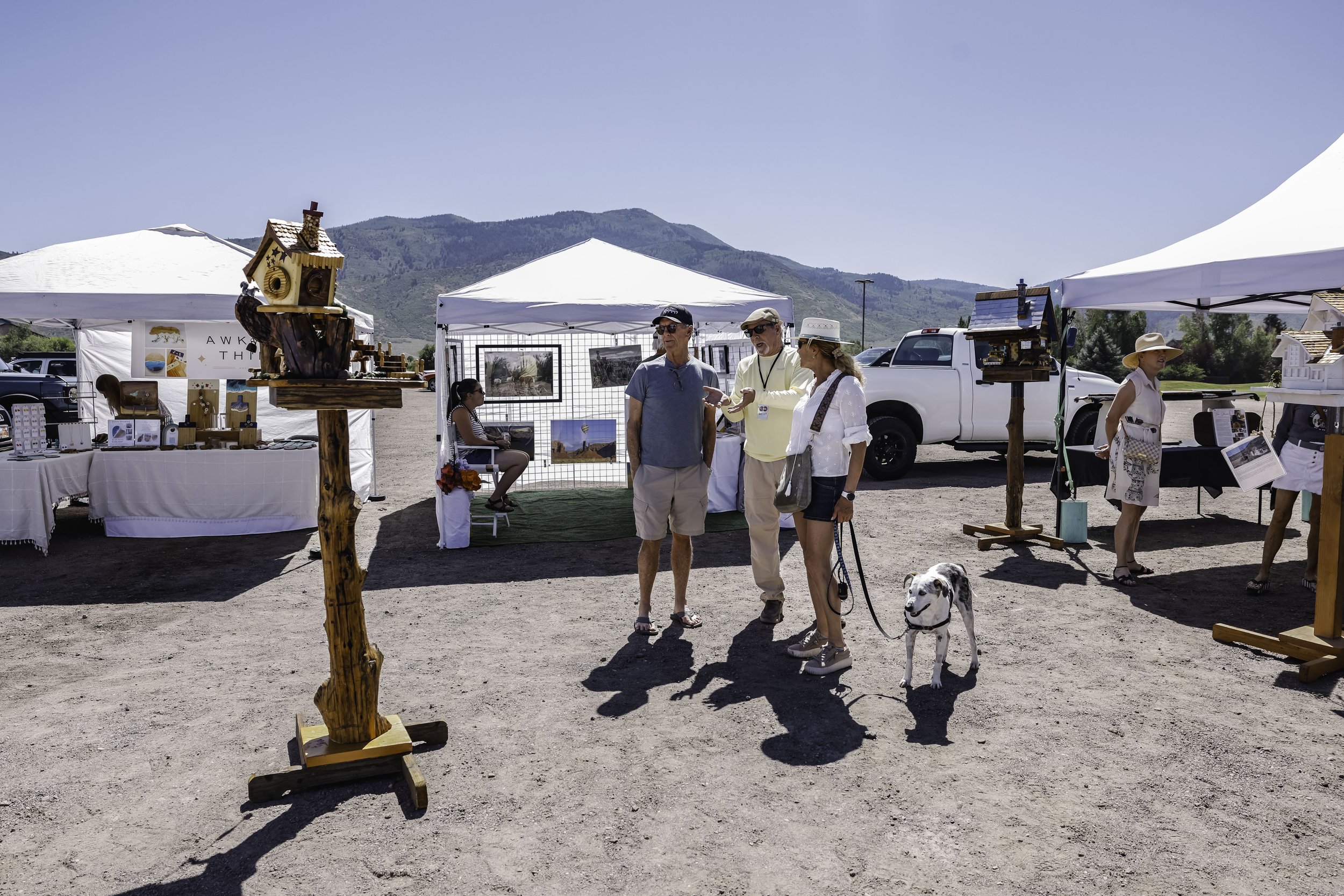 Outdoor art and craft market with white tents, people browsing, and mountains in the background. A couple with a dog are talking to a vendor.