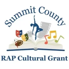Logo for Summit County RAP Cultural Grant featuring an open book with a dancer silhouette, music notes, art palette, and film strip.