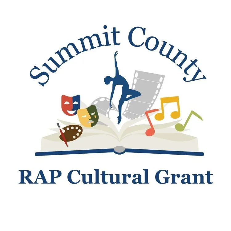 Logo for Summit County RAP Cultural Grant featuring a ballet dancer, theater masks, film strip, paint palette, musical notes, and an open book.