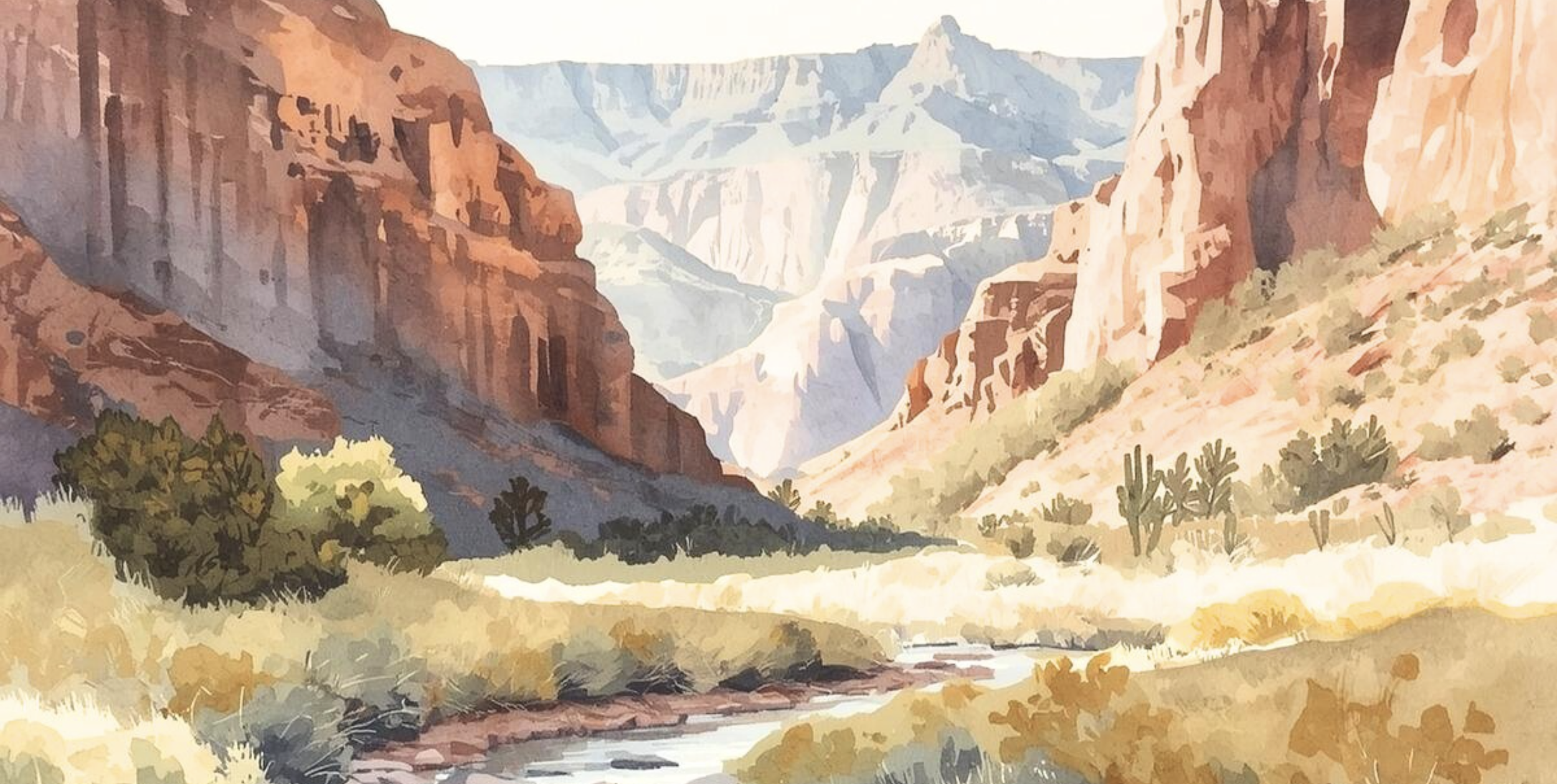 Pintura digital de um desfiladeiro com altas falésias vermelho-alaranjadas, arbustos verdes e um rio a correr pelo vale, sob um céu claro.