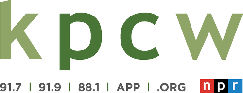 Image with the text 'kpcw' in large green letters and below it, a URL with the format '917 | 919 | 881 | APP | .ORG' and small logos for NPR and other organizations.