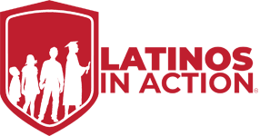 Logo of Latinos in Action featuring silhouetted figures walking and the organization name in red.