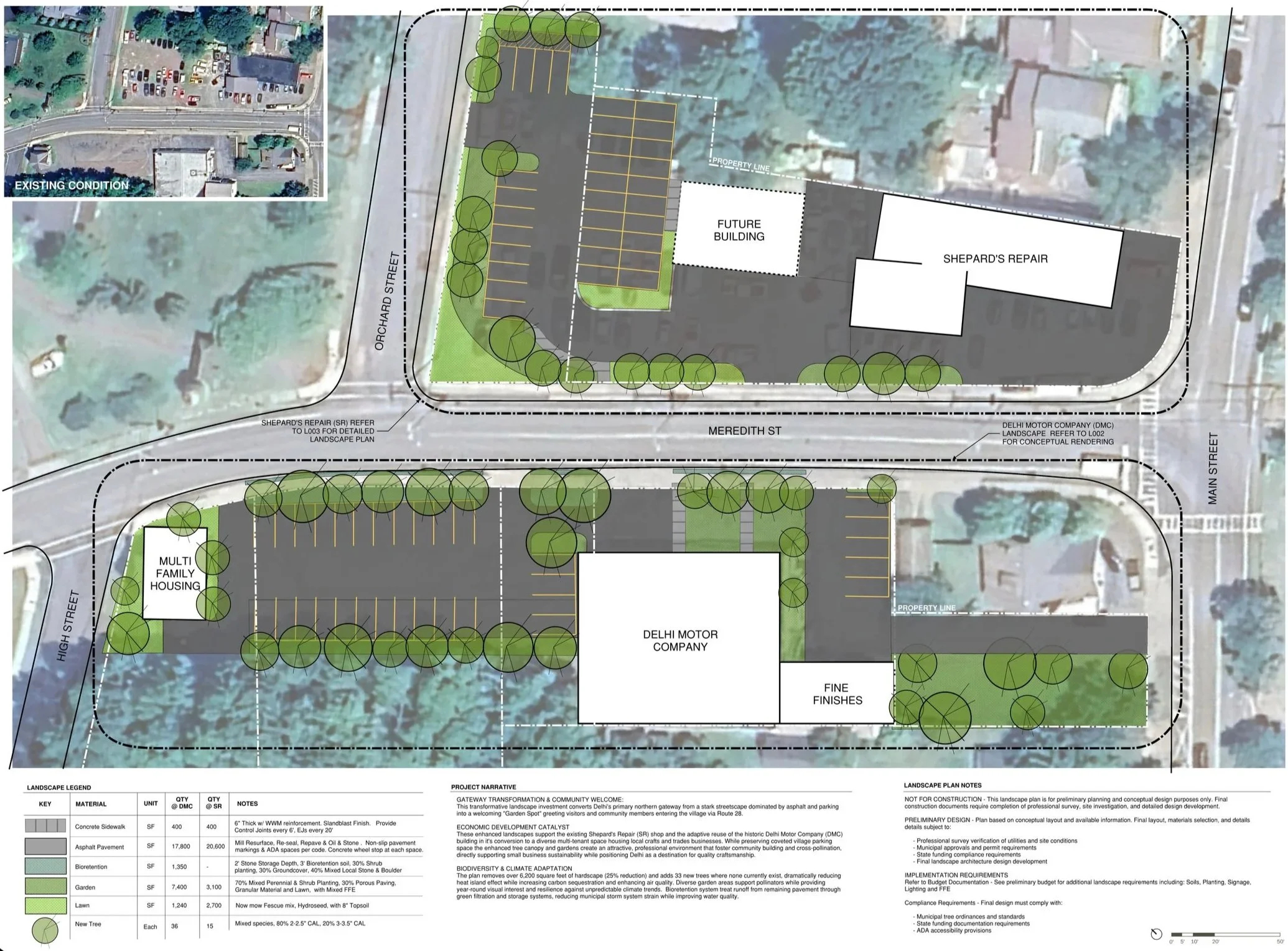 Masterplan diagram for Meredith Street showing reduced asphalt, new street trees, and rain garden locations in Delhi gateway district