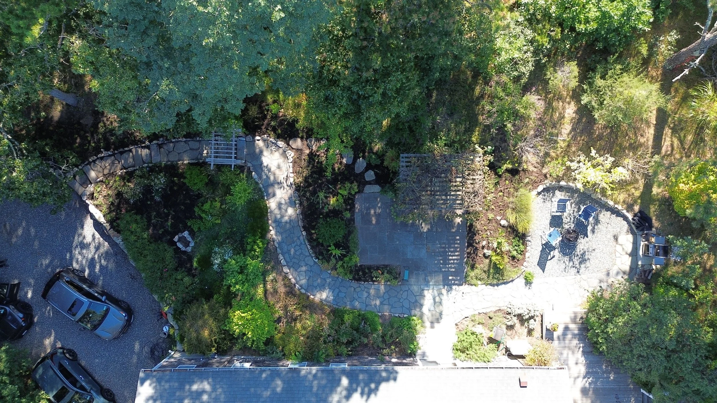 Aerial view of Cape Cod native garden after invasive removal and native plant installation in Eastham, MA