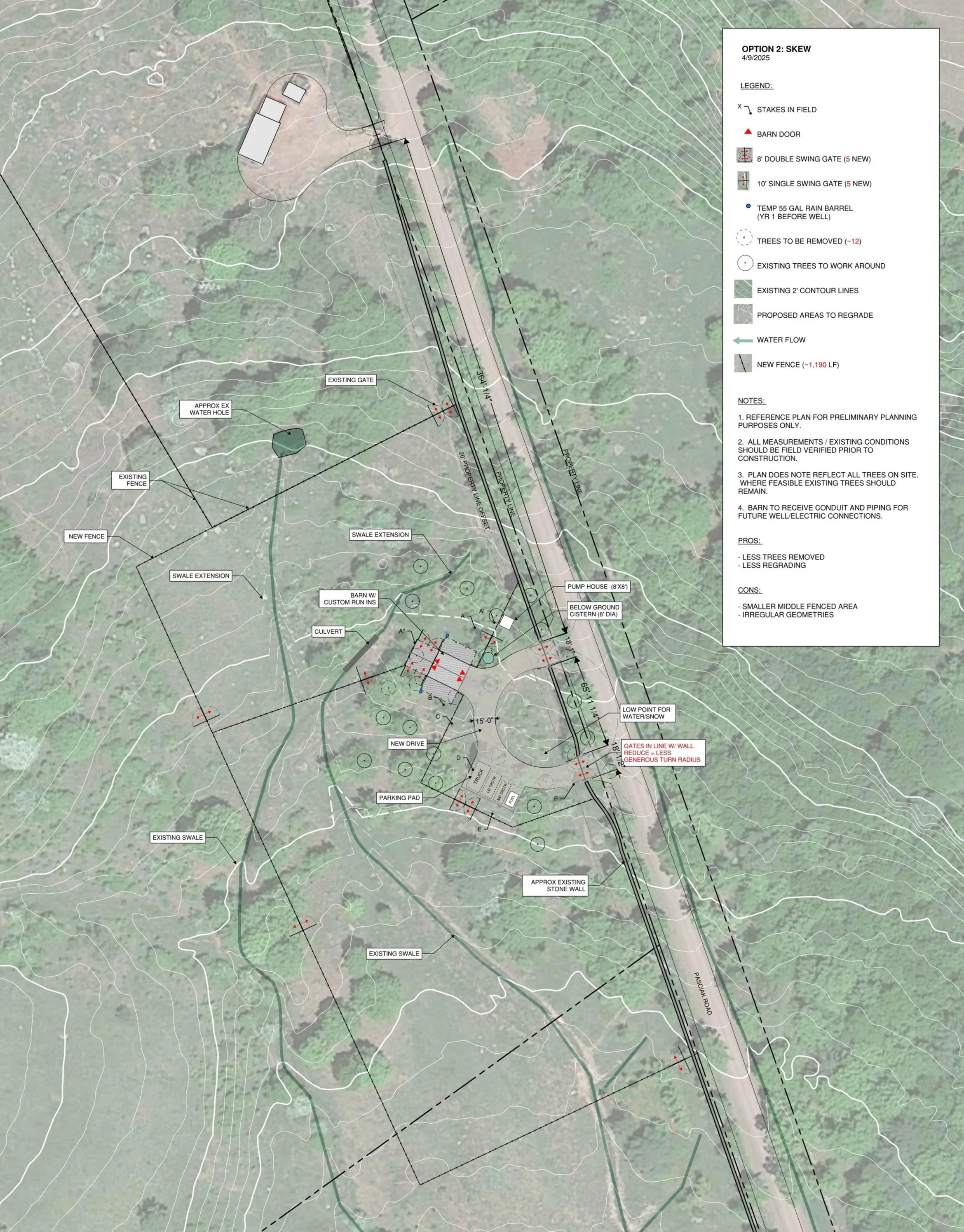Farm masterplan showing barn location, equipment storage, driveway design, and swale routing for 100-acre Bloomville farm