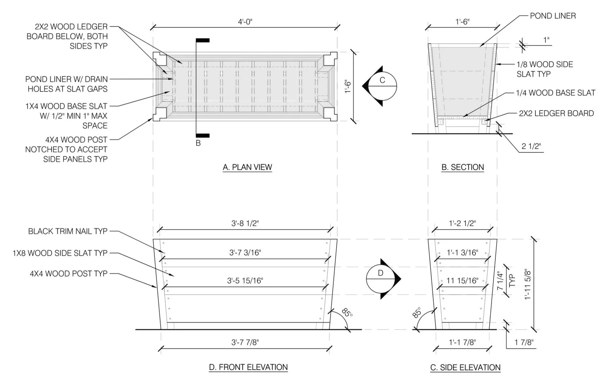 CAD drawing showing plan, section, and two elevations of custom wood planter designed for Delhi Main Street