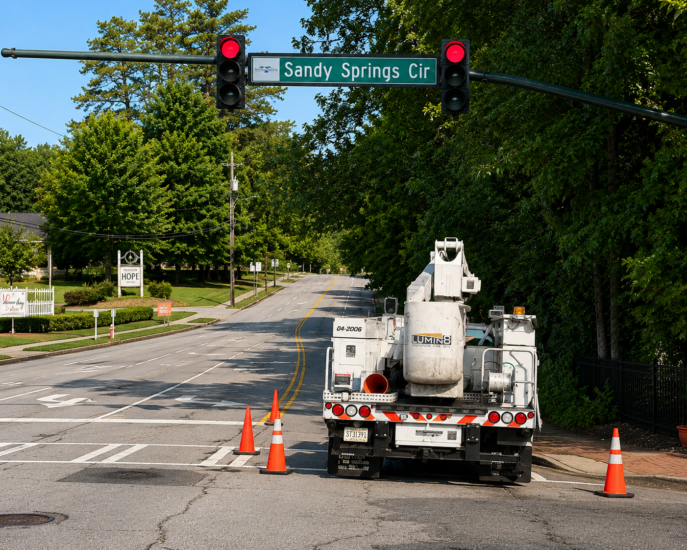 Street view of Sandy Springs Circle intersection with traffic lights and road construction vehicle with orange cones.
