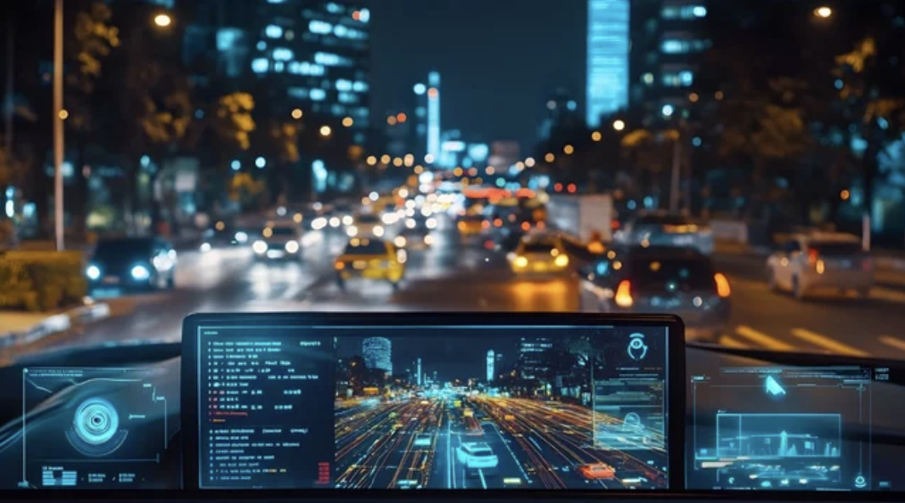 Futuristic car dashboard with high-tech displays on a busy city street at night.