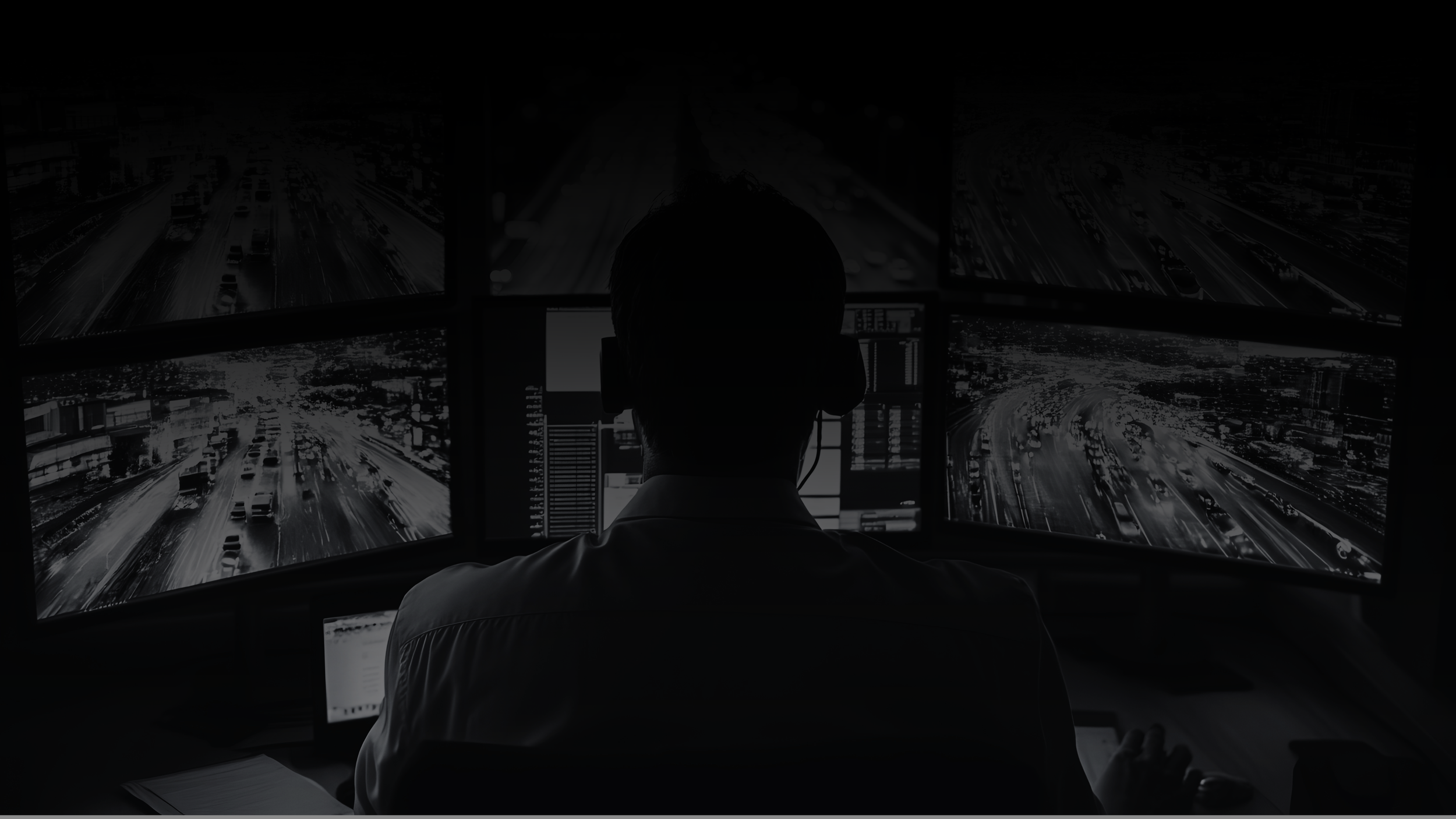 Person monitoring multiple screens displaying live traffic footage at a control center.