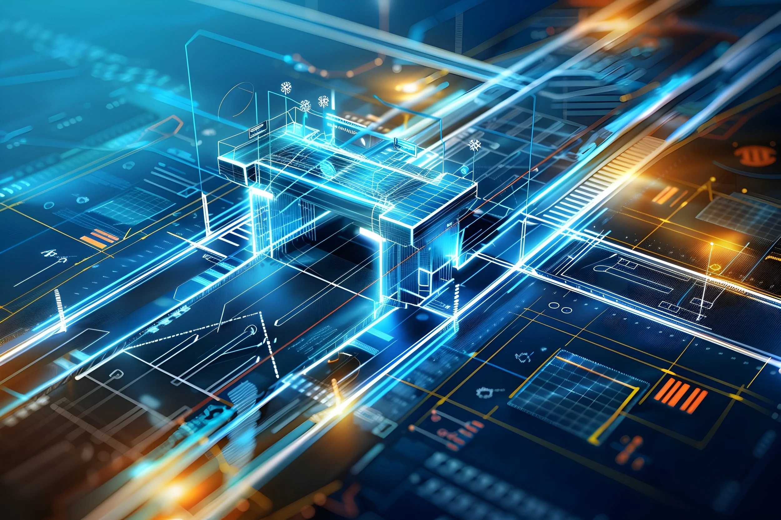 Futuristic digital network with glowing circuit lines, geometric shapes, and a virtual structure, symbolizing technology and connectivity.