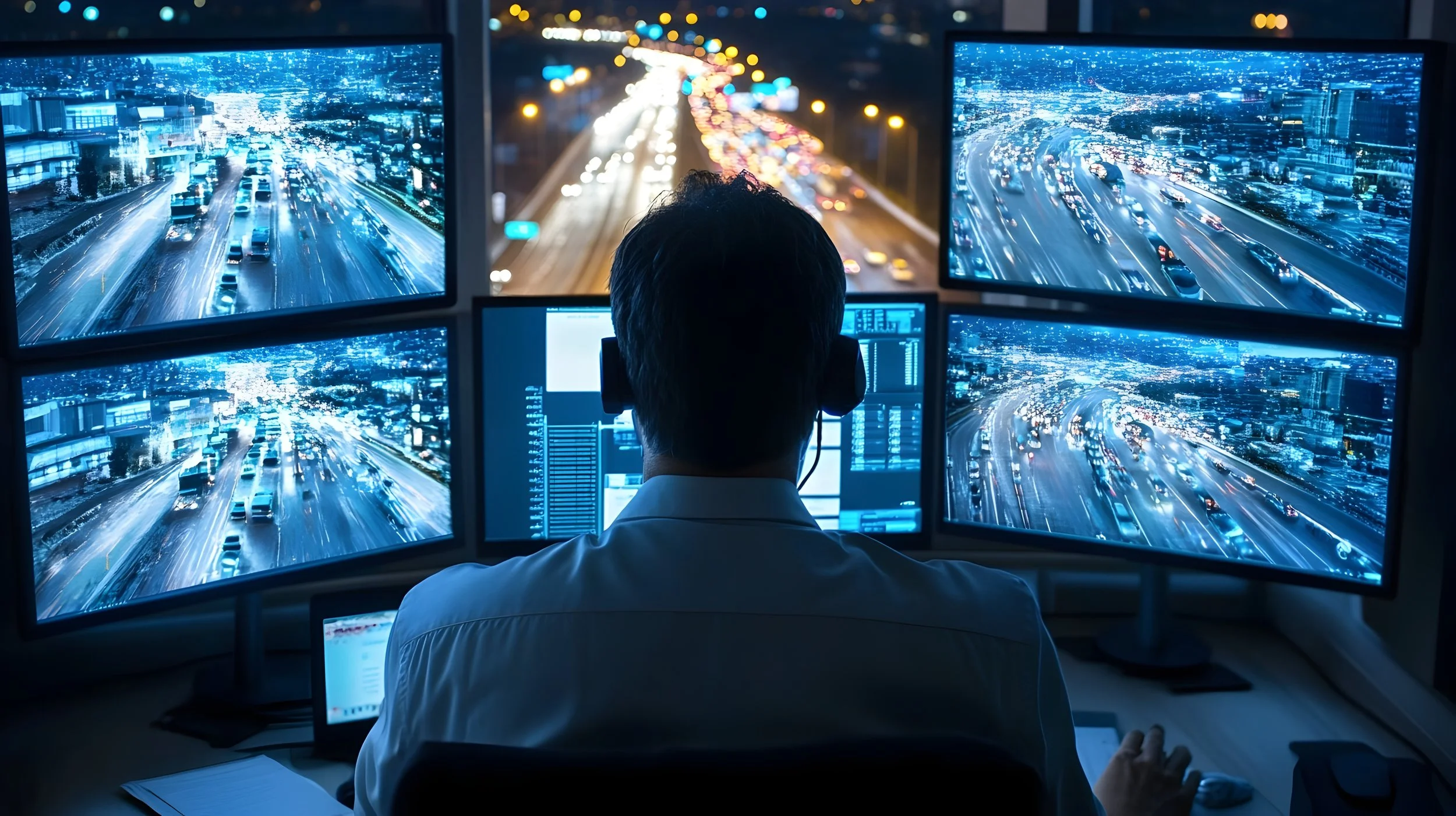Person monitoring multiple screens displaying live traffic footage at a control center.
