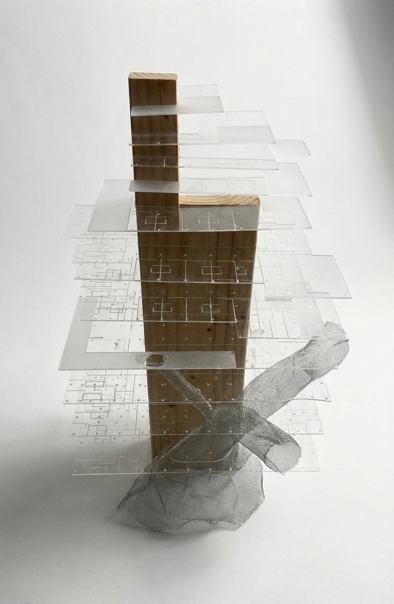 Architectural model with a wooden central structure, transparent acrylic sheets, and a mesh base, all arranged with architectural drawings on a white background.