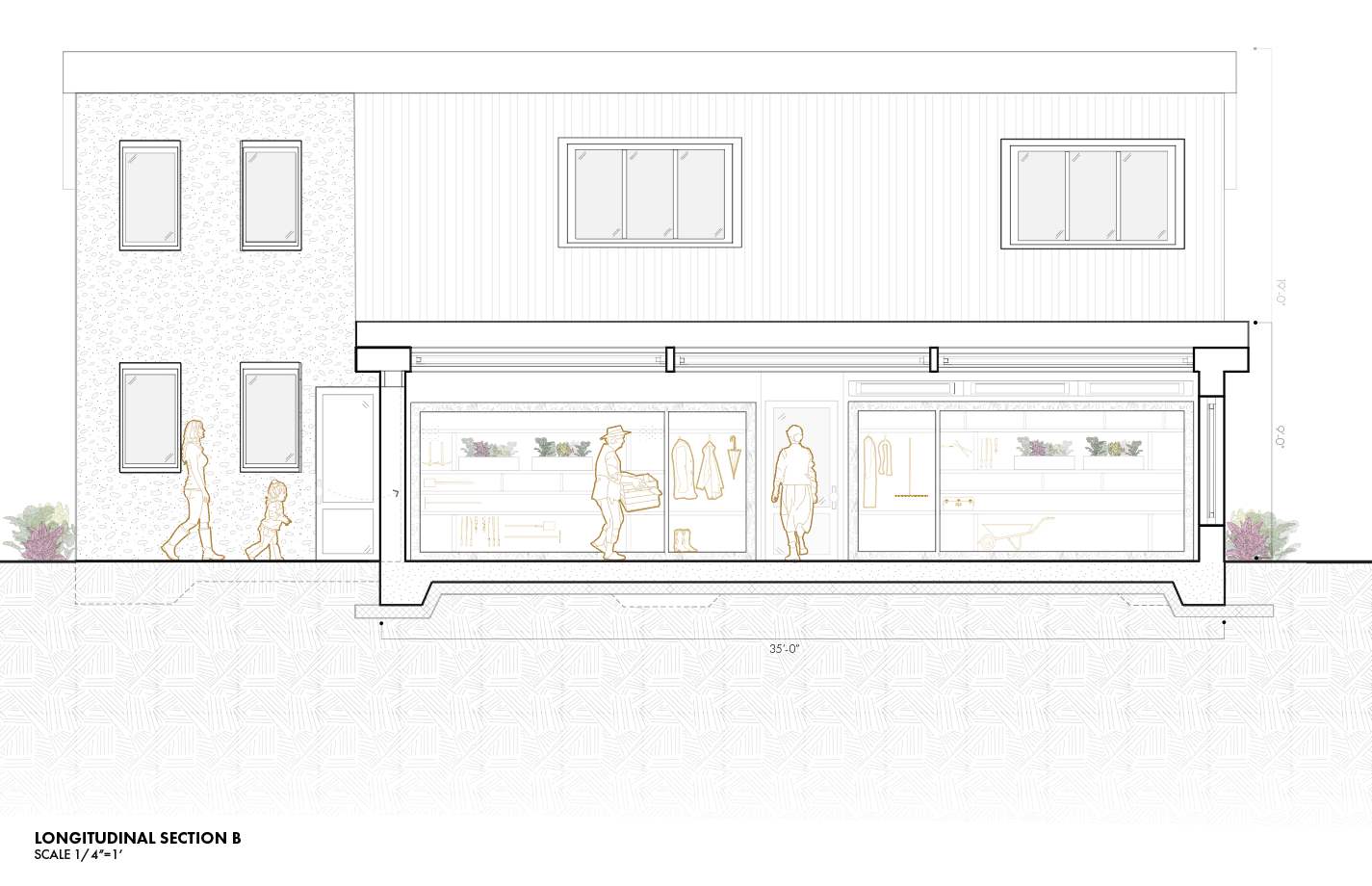 Architectural drawing of a commercial building's longitudinal section, showing interior spaces with furniture and people, with exterior garden elements on either side.