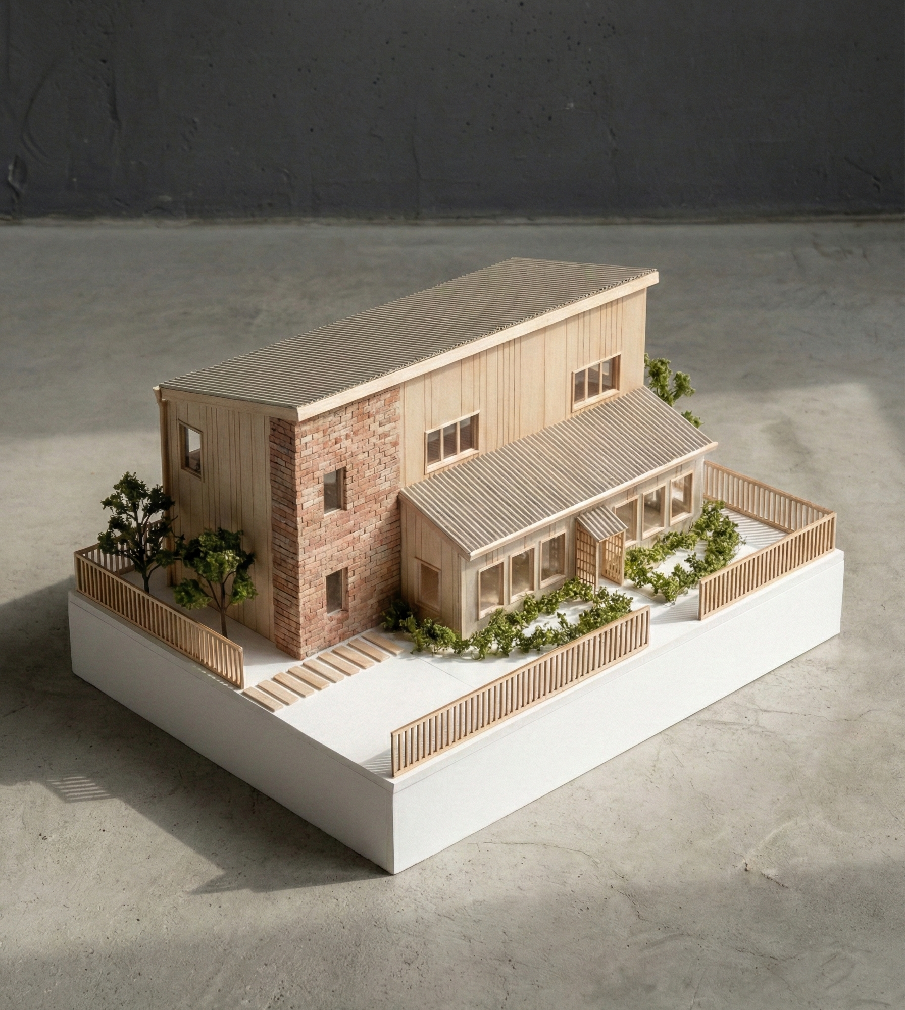 Architectural model of a modern, multi-story house with wooden and brick exterior, surrounded by a wooden fence, with trees and a landscaped yard.