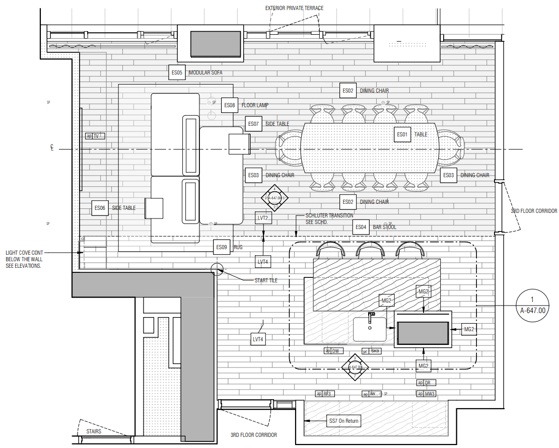 Architectural floor plan of a living and dining area showing furniture placement, lighting fixtures, and room labels.